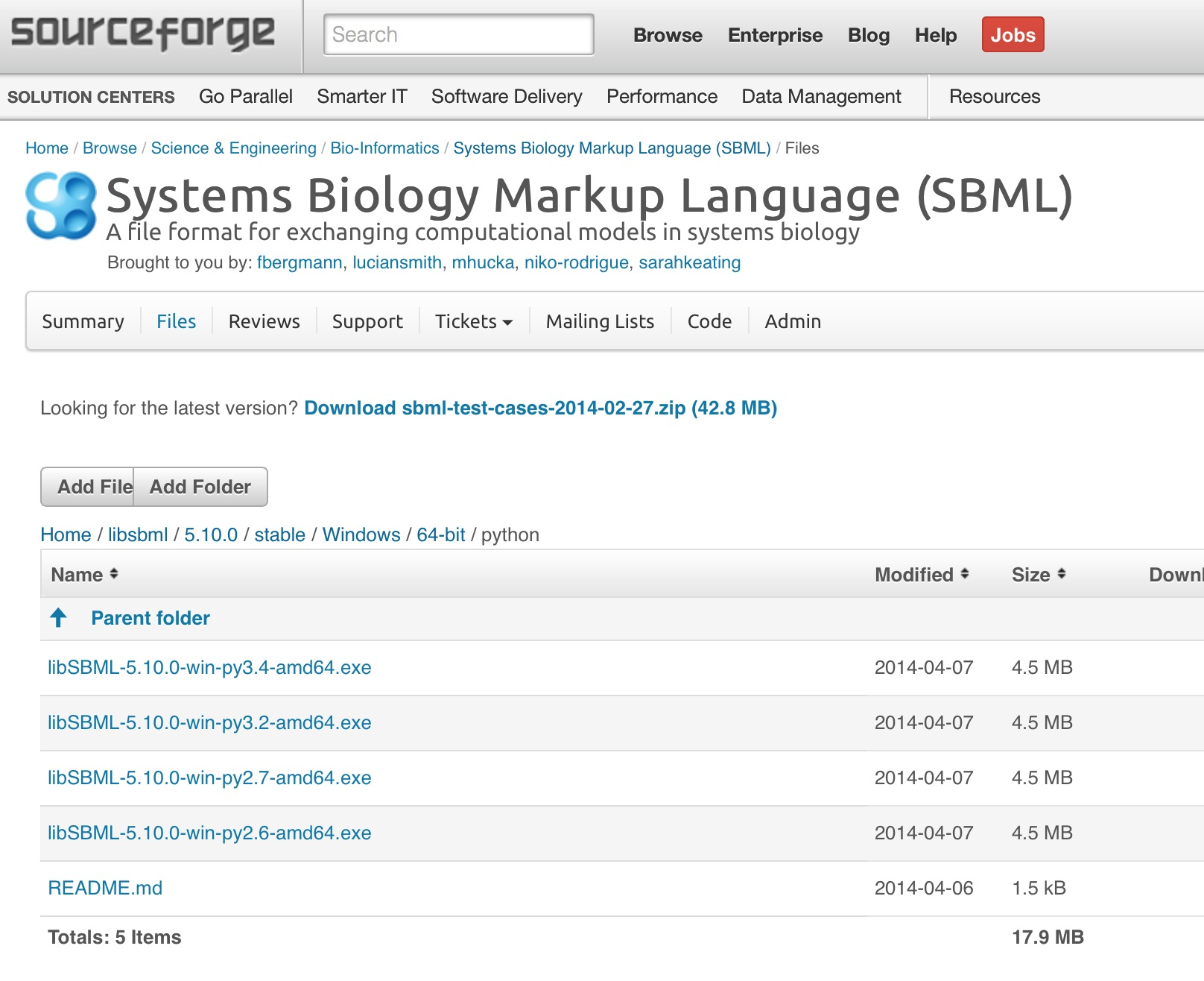 Image of SourceForge download page for the Windows libSBML installers