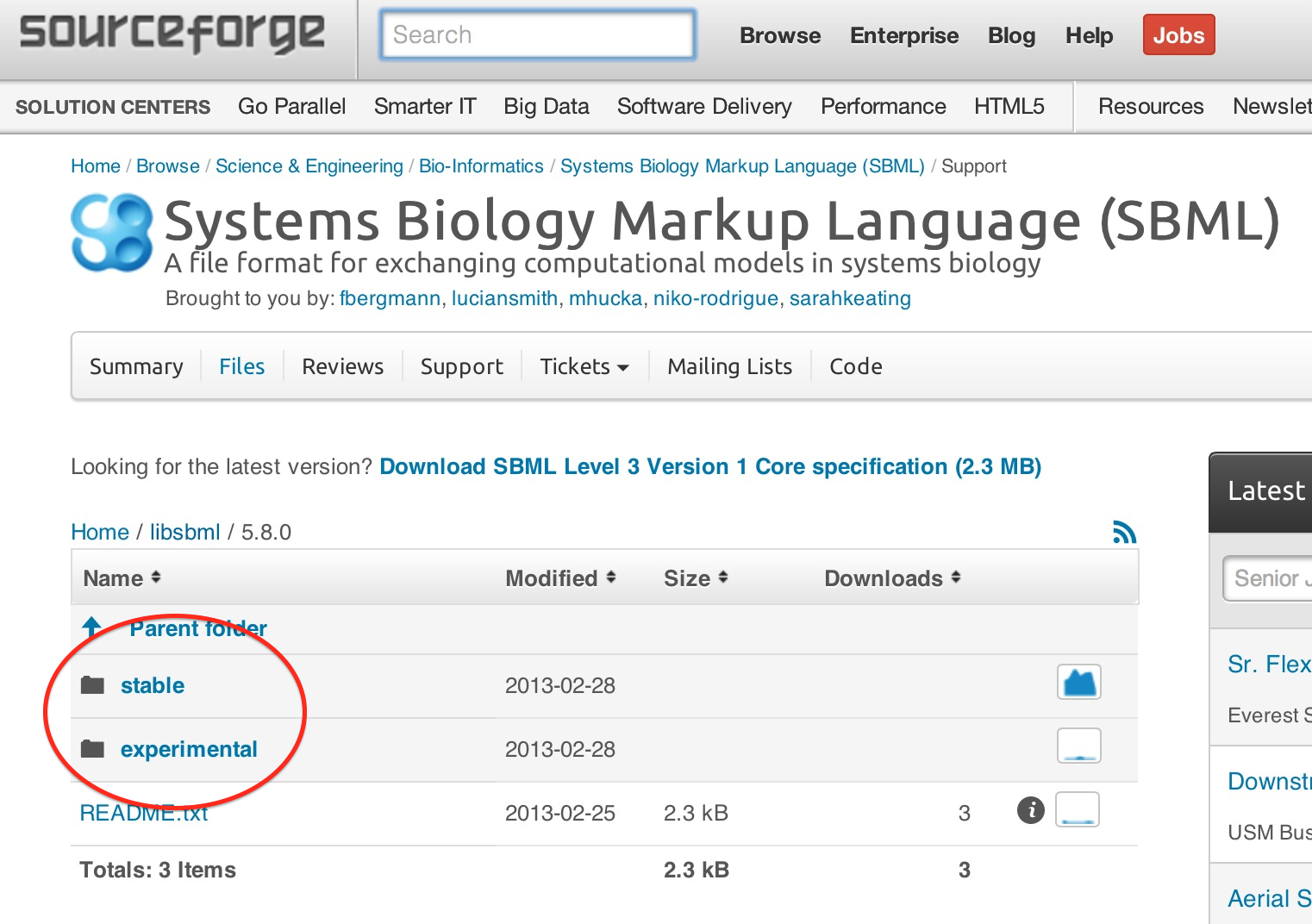 Image of SourceForge download page for libSBML